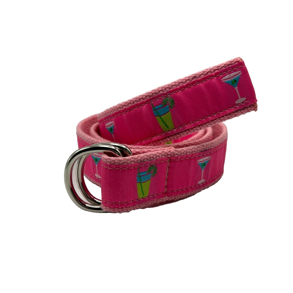 Douglas Paquette Womens Pink Ribbon Belt Cocktail Print Canvas D Ring Preppy